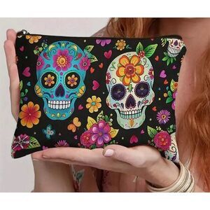 Gothic Floral Skull Makeup Bag Colorful Day of the Dead Design